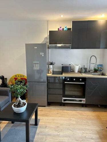 une cuisine avec des appareils en acier inoxydable et une table dans l'établissement Appartement Hohwald terrasse 101, au Hohwald