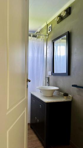 a bathroom with a sink and a mirror at Los Narcisos in San Antonio de Areco