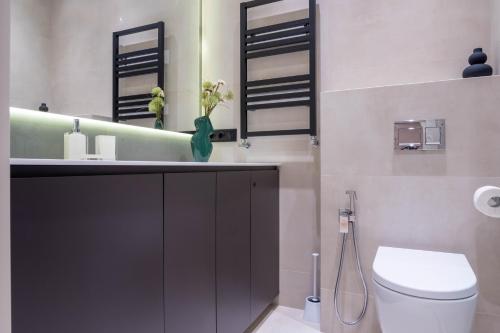 a bathroom with a toilet and a sink with a mirror at New Gudauri Neo Apartments in Gudauri