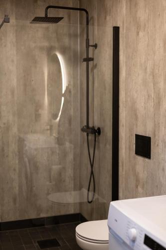 a bathroom with a shower with a toilet and a sink at Gammelbanken Seaview Suites - Modern Apartments with Sea View, Lofoten in Ballstad