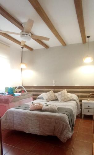 a bedroom with a large bed with a ceiling fan at Casa Rural Exedra 3 Estrellas in Carcaboso