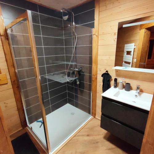 a bathroom with a shower and a sink at Chalet bois Vieux Cerf 12 pers proche Centre Ville in Font Romeu Odeillo Via