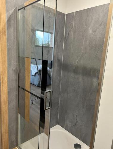 une douche avec une porte vitrée dans une salle de bain dans l'établissement Gites les Amourettes, à Saint-Aubin-sur-Scie