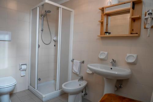 a bathroom with a toilet and a sink and a shower at Camere vecchio borgo in Bormio