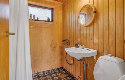 a bathroom with a sink and a toilet and a mirror at 2 Bedroom Awesome Home In Nykøbing Sj in Klint
