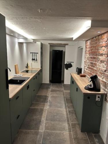 a kitchen with a sink and a brick wall at Industriecultuur in Spechtholzhock