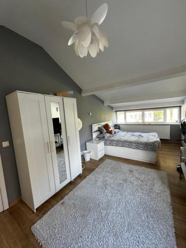 a bedroom with a bed and a ceiling fan at Villa Brussel in Dilbeek