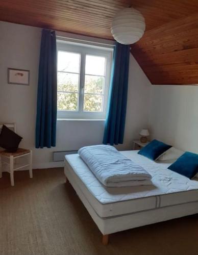 - une chambre avec un lit doté de rideaux bleus et d'une fenêtre dans l'établissement Grande maison avec parc arboré et piscine privée - 6 chambres, à Marolles-les-Buis