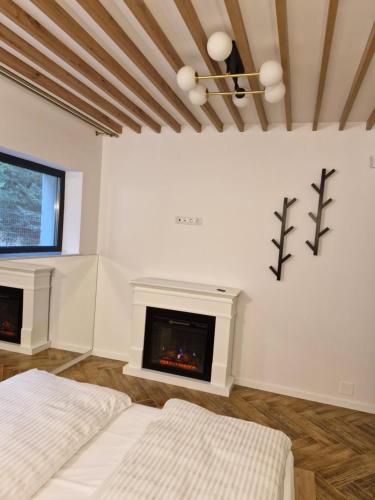 a bedroom with two beds and a fireplace at Luna Retreat in Muntele Cacovei