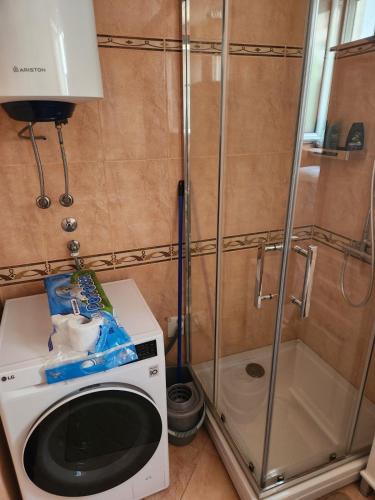 un piccolo bagno con lavatrice e doccia di AP Apartment a Kotor (Cattaro)