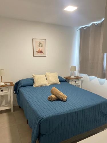 a bedroom with a blue bed with a blue blanket at Apartamento céntrico en Mercedes Uruguay in Mercedes