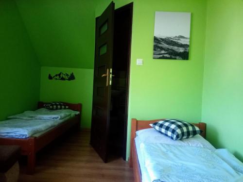 two beds in a room with green walls at Zielone Zacisze in Krościenko
