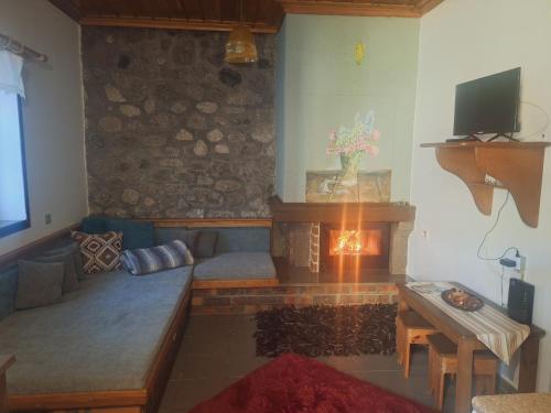 a living room with a couch and a fireplace at Potamolithos Suites 2 in Konitsa