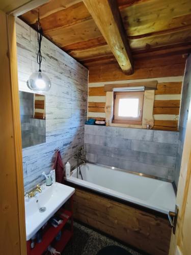 a bathroom with a bath tub and a sink at Drevenica Tisovec in Tisovec
