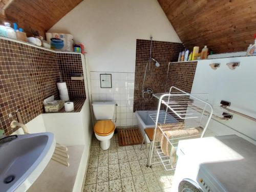 une salle de bain avec un lavabo, des toilettes et une baignoire dans l'établissement Jonael, à Scrignac