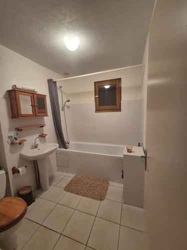 une salle de bain avec une baignoire, des toilettes et un lavabo dans l'établissement Maison de campagne avec piscine privative, à Salviac