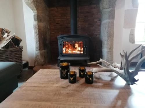 a fireplace with four antlers and four cups on a table at Gîte Le Bois Clairet in Journet