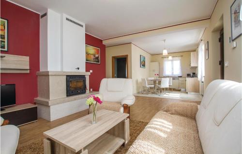 ein Wohnzimmer mit Couch und Kamin in der Unterkunft Holiday Home Nedescina 49 in Nedeščina