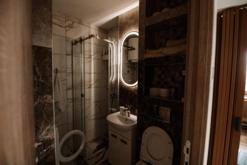 a small bathroom with a toilet and a sink at Loronobeo.forest in Belgrade