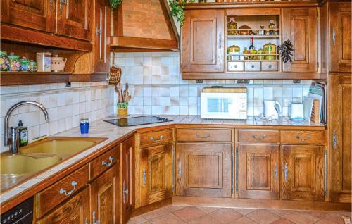 a kitchen with wooden cabinets and a sink at Amazing Home In Bassillac-Et-Auberoche in Le Change