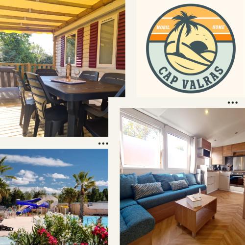 un collage de photos d'une maison avec un canapé bleu dans l'établissement Cap Valras - Les sables du midi, à Valras-Plage