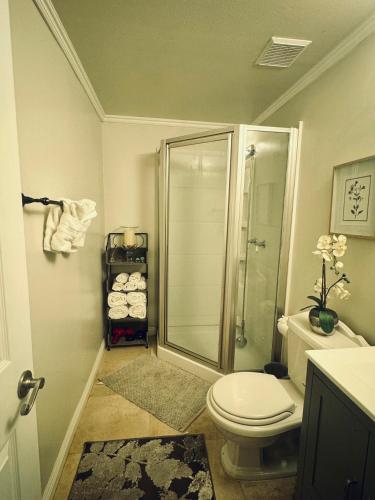 a bathroom with a shower and a toilet at Lakefront House With Breath Taking Views in Agoura Hills