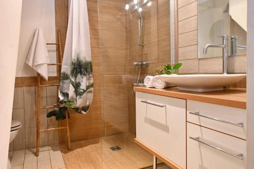une salle de bain avec un lavabo et une douche dans l'établissement L'écrin de Frida - Duplex au cœur de la ville, à Nîmes