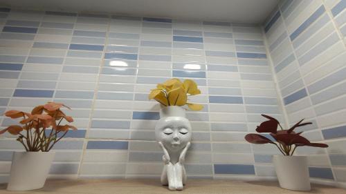 a vase with flowers in it next to two potted plants at Casa Luna y Sol in Puerto del Rosario