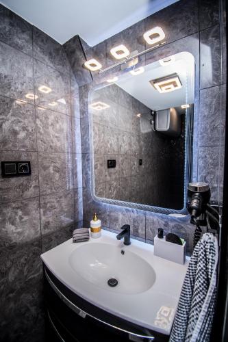a bathroom with a sink and a large mirror at Szarvas City Apartman in Szarvas