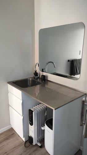 a kitchen counter with a sink and a mirror at The container stay in Appleby