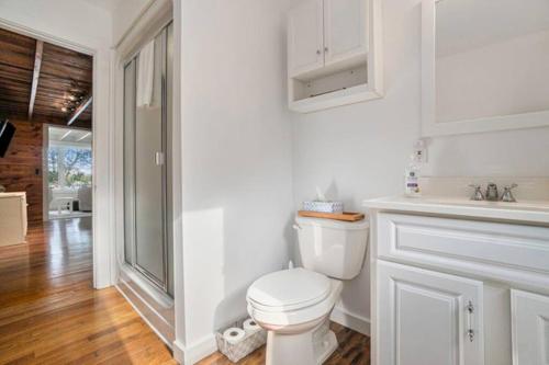a white bathroom with a toilet and a sink at Birch Tree Landing on Hamlin Lake in Ludington