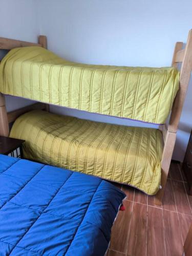 une chambre avec un lit superposé avec un matelas jaune dans l'établissement Maravilloso vista al estrecho, à Punta Arenas