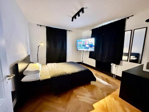 a bedroom with a bed and a flat screen tv at Cosy apartment in Lausanne in Montagibert
