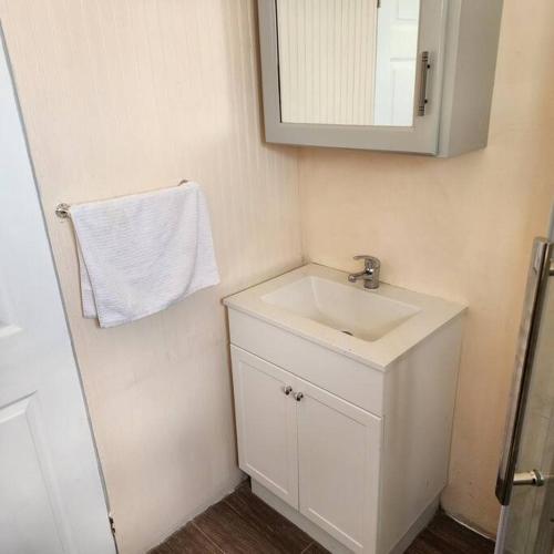 a bathroom with a sink and a mirror and a towel at vieux fort town apartment in Vieux Fort