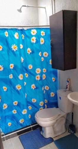 a bathroom with a blue shower curtain with a toilet at Casa Vacacional Flandes in Flandes