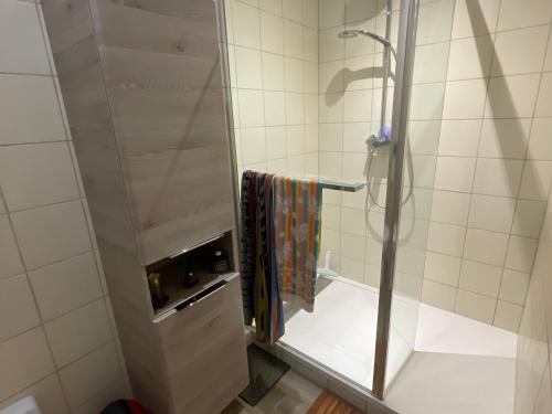 une douche avec une porte vitrée dans une salle de bain dans l'établissement Appartement 2P en bord de mer à Canet, parking inclus - FR-1-732-90, à Canet