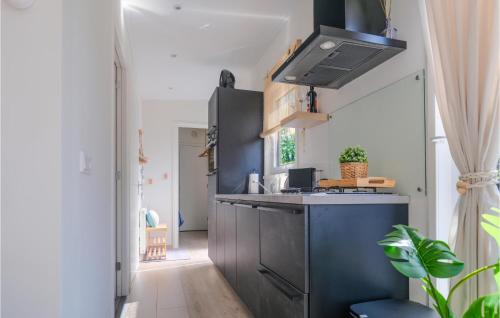 a kitchen with black cabinets and a blue island at Cozy Home In Heinkenszand With Kitchen in Graszode