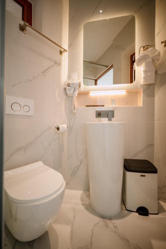a white bathroom with a toilet and a mirror at Hue River Side Villa in Hue