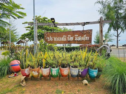 a group of pots of plants in front of a sign at Pranmanee Beach Resort in Sam Roi Yot