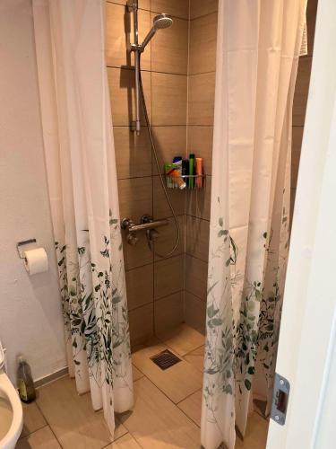 a shower in a bathroom with a shower curtain at Billund mini hostel room 8 - close to LEGO HOUSE and LEGOLAND in Billund