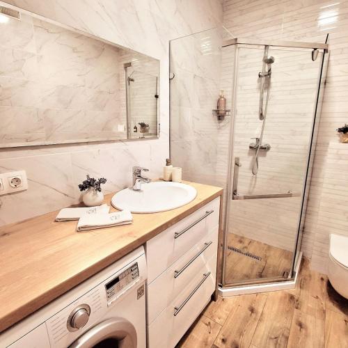 a bathroom with a sink and a shower and a washing machine at The Central Collection Apartments in Chişinău