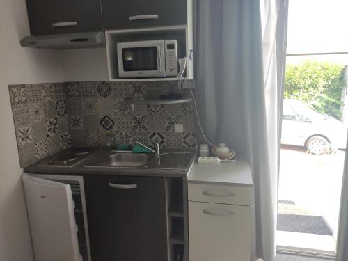 a small kitchen with a sink and a microwave at Les Gites Lussacois in Lussac-les-Châteaux
