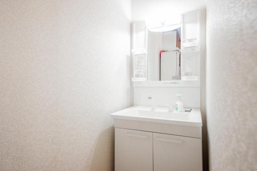 a white bathroom with a sink and a mirror at DOWNTOWN　TOKO11 in Asahikawa