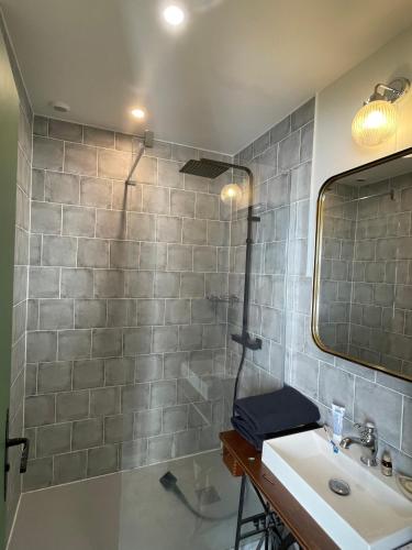 une salle de bain avec un lavabo et un miroir dans l'établissement Appartement avec terrasse à Hôtel de Ville, à Vannes