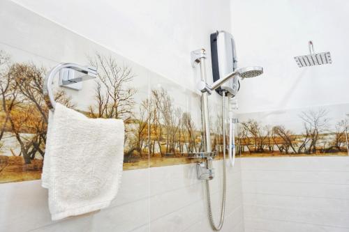 a bathroom with a shower with a window and a shower at Sunrise Villa Pidurangala in Sigiriya