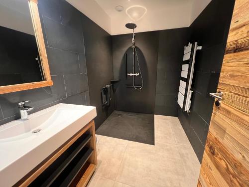 a bathroom with a sink and a shower at Gite Roche Des Ducs avec Piscine toute l'année, Spa, Sauna, Hammam in Rochesson