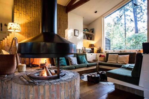 a living room with a fireplace in the center of a room at Paulus aan de bos met hot tub in Epe