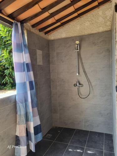 La salle de bains est pourvue d'une douche avec rideau de douche. dans l'établissement Armence, maison vue mer avec petit jardin et terrain de tennis - By AURAconciergerie, aux Lecques