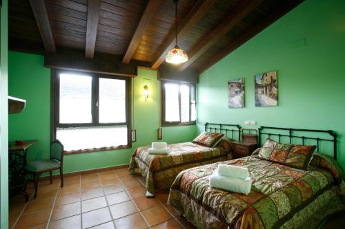a bedroom with two beds and green walls at Casa Felisa Pirineo Aragonés in Santa Eulalia de Gállego