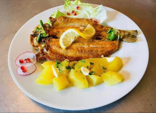 a plate of food with a piece of fish and potatoes at Pensiunea Drobeta in Drobeta-Turnu Severin